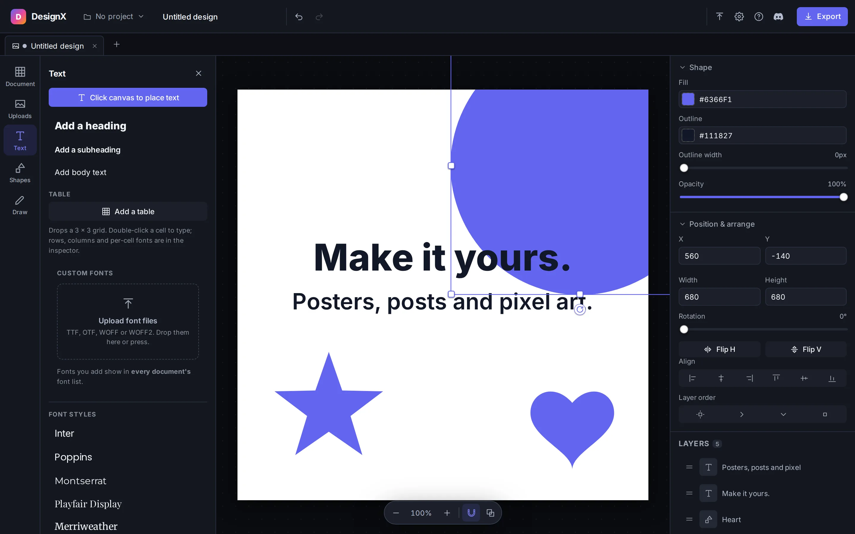The DesignX design editor, with a heading, a circle, a star and a heart on an artboard