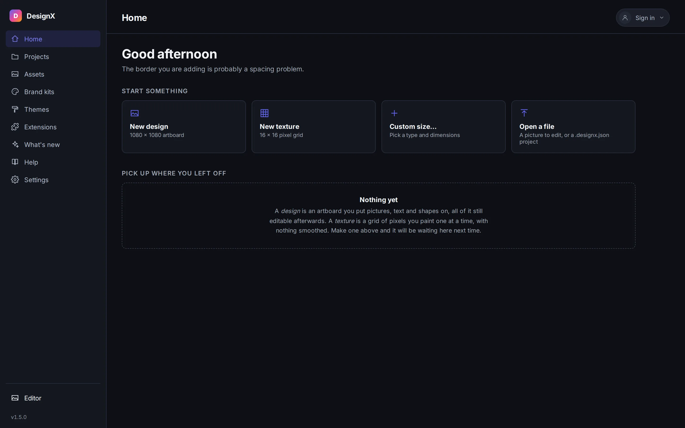 The DesignX home screen, with buttons to start a design, a texture, or open a file