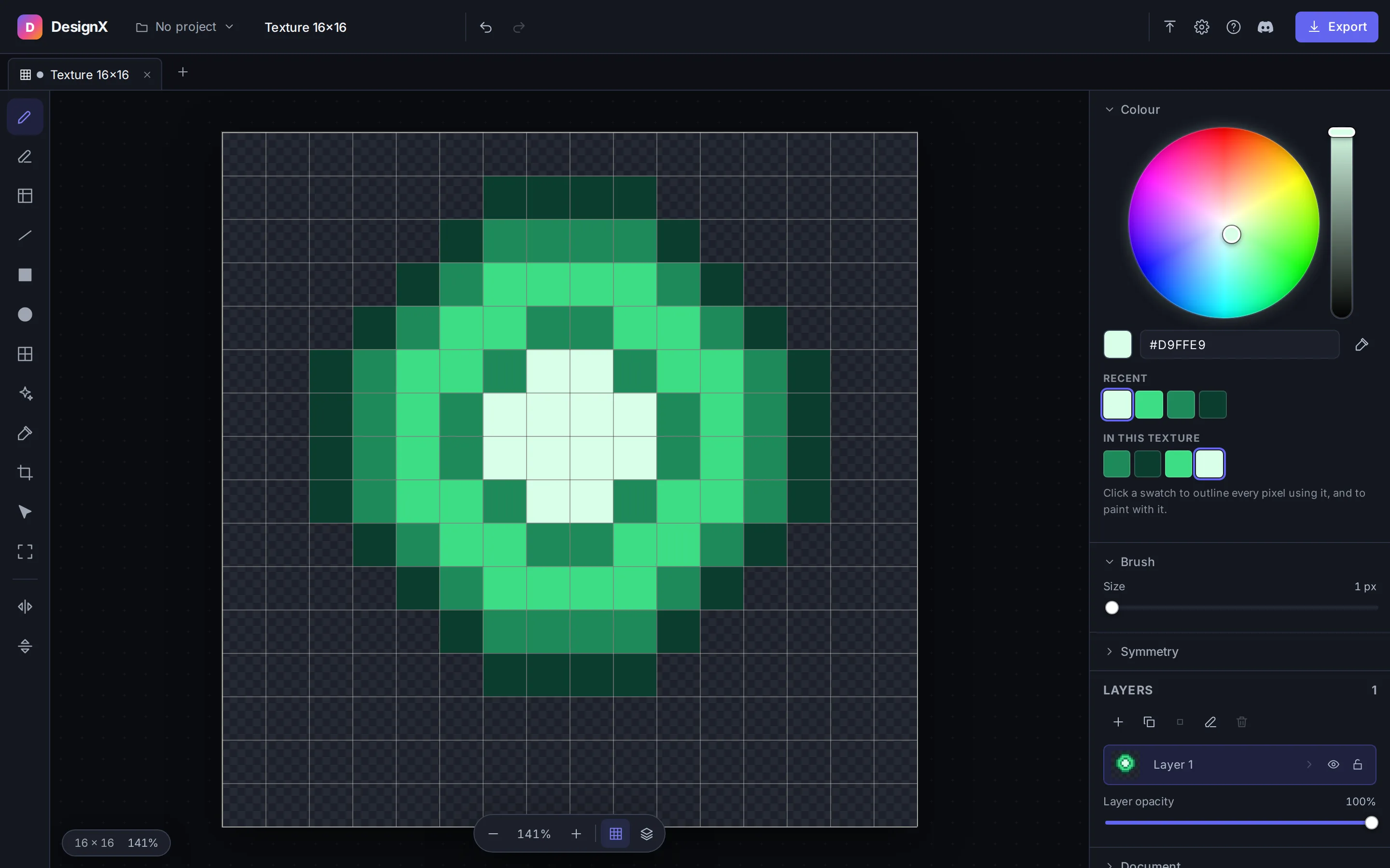 The DesignX texture editor, with an emerald drawn on a sixteen by sixteen grid